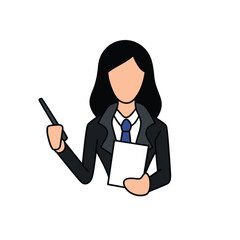 A modern, minimalist icon depicting a professional woman leading a team in a business meeting. The icon features clean lines and simple shapes, representing a confident female leader