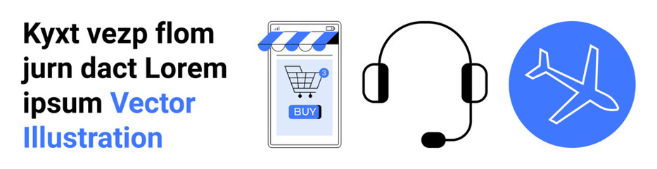 Shopping cart app, headset, airplane icon, generic text. Ideal for e-commerce, customer support, travel booking, tech support, online services, global business, digital marketing. Landing page