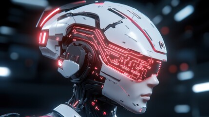 Fototapeta premium Explore the futuristic design of a robotic headpiece featuring advanced technology and neon elements
