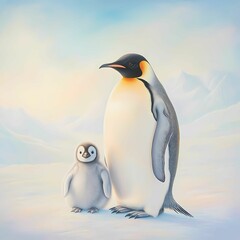 Fototapeta premium A close-up of an Emperor penguin family, with an adult penguin standing protectively over a fluffy, gray chick on a snowy plain. The Antarctic background is vast and white with subtle blue tones, and 