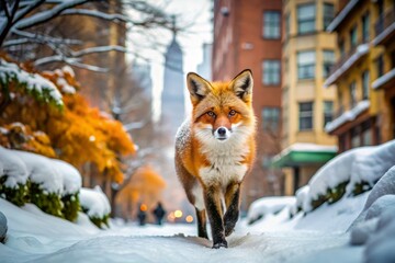 Obraz premium Red Fox in the Snow: A Captivating Urban Exploration of Vulpes Vulpes in the Winter Landscape of the United States