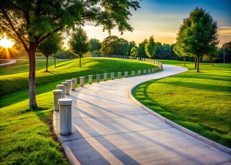 Fototapeta premium Serene Empty Concrete Cycle and Walking Path Meandering Through a Park with White Barriers, Capturing Tranquility and Nature in Urban Settings