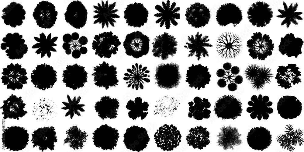 Wall mural tree top view vector silhouette collection in various styles. perfect tree top for architectural pla