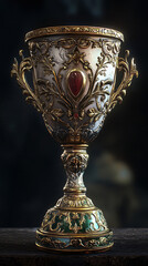 Brass steel trophy, dual handle neo-classic, isolated on white. Trophy is a tangible, durable reminder of a specific achievement, serves as recognition / evidence of merit, awarded for sporting events