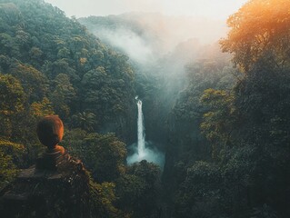 A serene waterfall cascading through lush green mountains in misty surroundings.