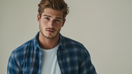 Fototapeta premium Young man in a blue flannel plaid shirt Shirt over a white T-shirt