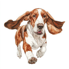 Basset Hound With Its Long Ears Flopping While Running in the Park
