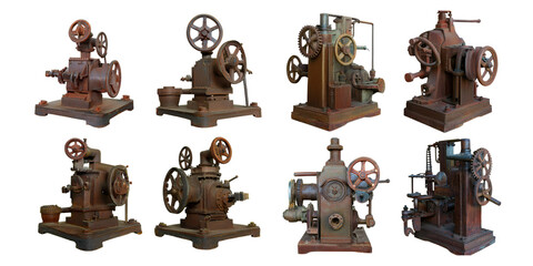 Fototapeta premium Vintage Industrial Machines Collection, PNG collection, set bundle, isolate on transparent or white background
