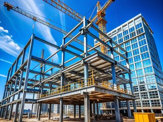 Steel Frames of a Construction Building with Tower Crane in the Sky, Showcasing Modern Architecture and Engineering, Ideal for Urban Development and Construction Projects