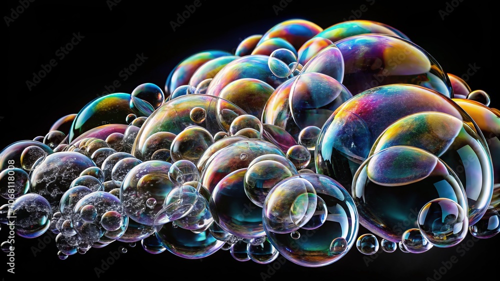 Sticker Stunning Foam Bubbles Isolated on Black Background with Clipping Path, Capturing the Intricacies of Bubble Formation, Light Reflections, and Textures in a Side View Perspective for Stock Photography