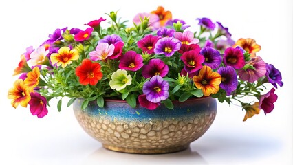 Stunning Tilt-Shift Photography of Vibrant Calibrachoa Flowers in a Stylish Pot, Isolated on a Clean White Background for Floral Decor and Gardening Inspiration