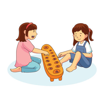 two girls playing congklak dakon