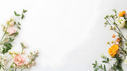 Fototapeta premium Soft pastel flowers arranged on white background, perfect for invitations