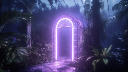 Obraz premium Explore the enigmatic portal framed by lush foliage and ethereal light in a mystical setting