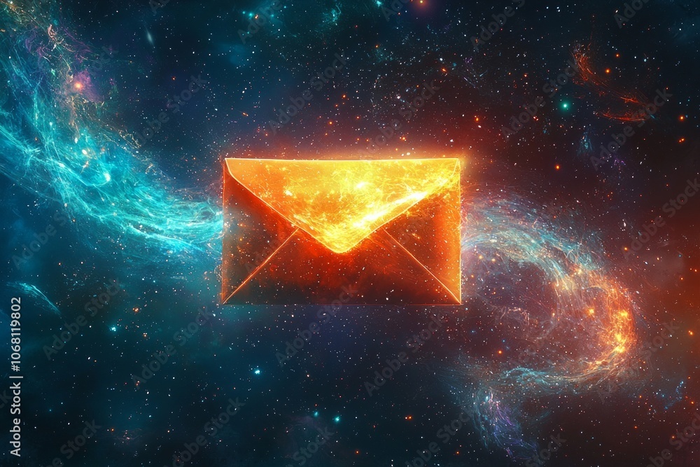 Wall mural an envelope floating in space, glowing with celestial energy and shimmering colors.