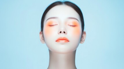 healthcare demonstration photo, elegant facial composition, subtle orange pain indicator, flawless complexion, emotional expression detail, pristine backdrop