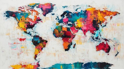 World map in picture paints multicolor style on white background