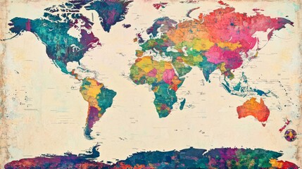 World map in picture paints multicolor style on white background