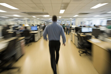 A business professional walking through a crowded office, rushing to a meeting