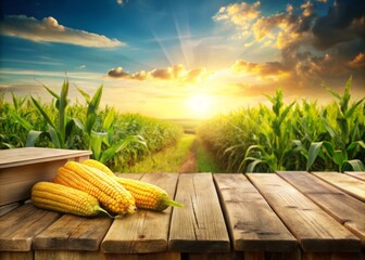 Vibrant Sweet Corn Field with Wooden Table - Perfect Setting for Agriculture Branding and Text Placement in a 3D Illustration