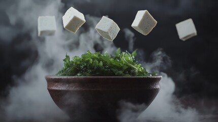 dynamic food levitation shot, rustic pottery bowl, floating tofu squares, emerald seaweed garnish, moody culinary photography, misty steam effects, dramatic lighting, minimalist presentation