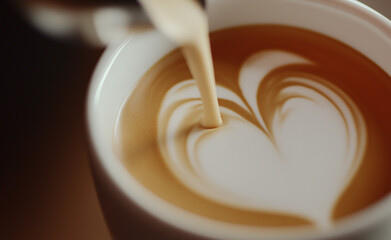 A close-up of latte art in the shape of a heart being poured into a cup of coffee.