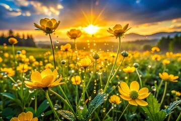 Fototapeta premium Vibrant Yellow Wildflowers Blooming in the Morning Light: A Stunning Night Photography Capture of Nature's Beauty with Dewdrops and Soft Sunlight in a Serene Landscape
