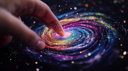 cosmic art creation macro shot, fingertips blending rainbow pastels, swirling galaxy artwork, sparkling dust particles, dark background, ethereal color spectrum, magical art moment