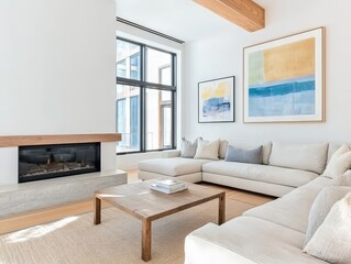 Fototapeta premium Modern minimalist living room with fireplace