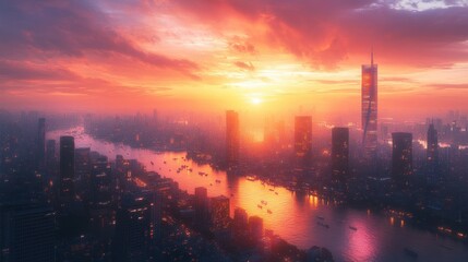 Fototapeta premium Stunning Urban Sunset Over City Skyline with Skyscrapers and River Reflections in Vibrant Colors