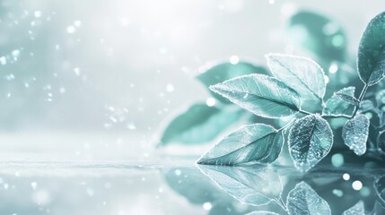 tranquil winter botanical scene, emerald leaves with frost details, reflective floor surface, dreamy bokeh background, minimalist nature study, ethereal morning glow, peaceful zen atmosphere