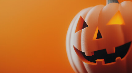 Fototapeta premium A classic jack-o'-lantern pumpkin with a carved face on an orange background, symbolizing Halloween.