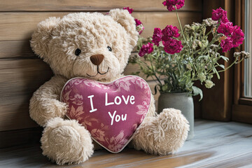 Teddy bear holding a heart-shaped pillow with &ldquo;I Love You&rdquo; written on it