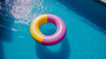 Description: A colorful inflatable ring floats peacefully on a calm blue pool, symbolizing relaxation, carefree moments, and the playful spirit of summer. Ideal for vacation and leisure imagery