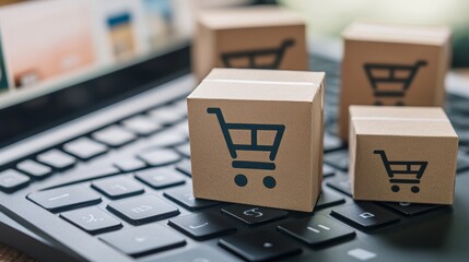 Shopping online concept - shopping service on the online web with payment by credit card and offers home delivery parcel or paper cartons with a shopping cart logo on a laptop keyboard