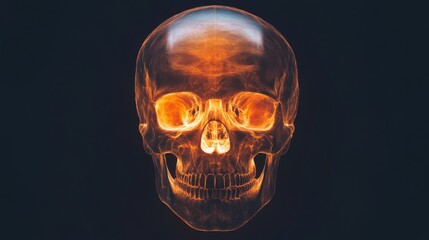 radiant human skull cross-section, ethereal orange light emission, anatomical precision, translucent bone texture, dark atmospheric background, premium medical imaging aesthetic