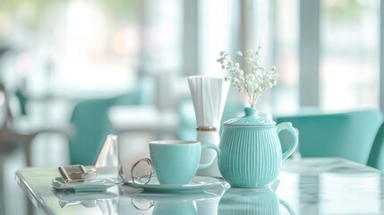 modern business lifestyle scene, aqua color palette, minimalist cafe environment, metropolitan glass backdrop, luxury accessories focus, professional urban photography