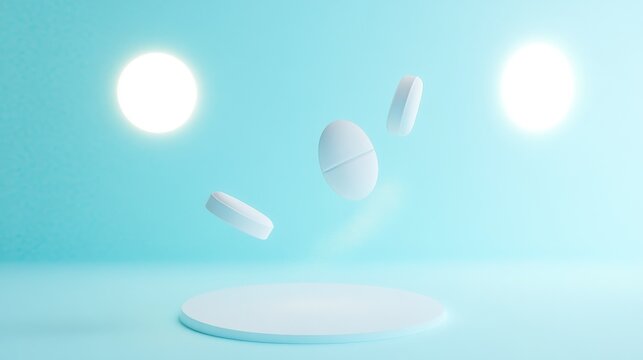 modern medicine composition, floating white medication, azure backdrop glow, delicate powder detail, clean medical aesthetic, professional healthcare imagery