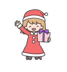 プレゼントを持ってジャンプするサンタコスチュームの女の子