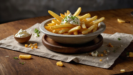 French fries on a plate with sauces