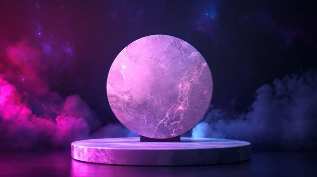 minimalist marble display disc, cosmic night atmosphere, brilliant starscape, classic stone patterns, ethereal galaxy clouds, ultra-luxury product stage
