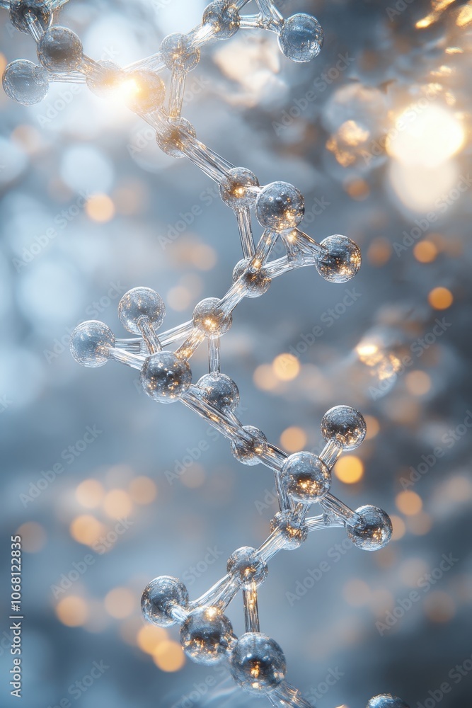 Wall mural abstract representation of dna molecule with glowing connections and bokeh background in cool tones