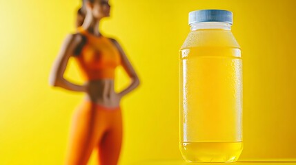 Refreshing sports drink with an athletic woman in the background, promoting health and well-being, isolated yellow background