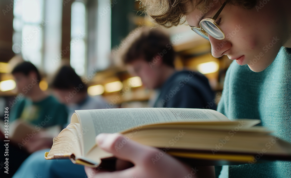 Poster a close-up of an open book held in one hand, with a blurred background suggesting a reading environm
