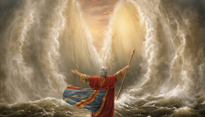 Moses parting the Red Sea for the Israelites. Concept Religious, Biblical, Miracle, Red Sea