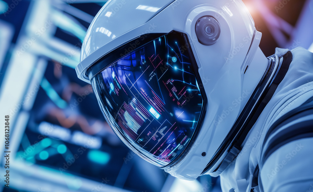 Poster astronaut in a helmet with a digital display reflecting data, in a futuristic, high-tech environment