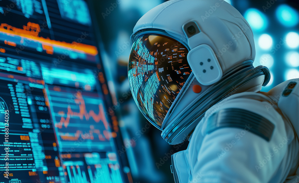 Poster astronaut in a helmet with a digital display reflecting data, in a futuristic, high-tech environment