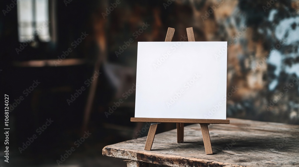 Poster a blank canvas on a wooden easel sits on a rustic table in a dimly lit room.