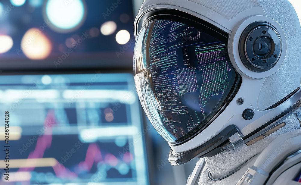 Poster astronaut in a helmet with a digital display reflecting data, in a futuristic, high-tech environment