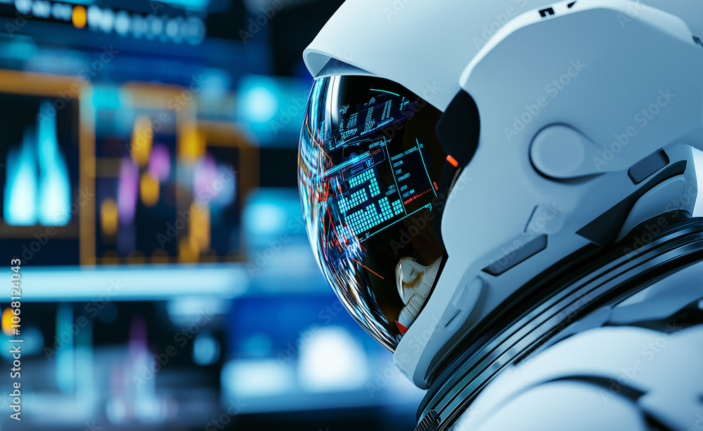 Poster astronaut in a helmet with a digital display reflecting data, in a futuristic, high-tech environment